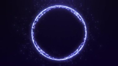 Parlayan çizgilerden oluşan parlak dalga şeklindeki mor küre ve karanlık parçacıkların arkaplanındaki noktalar. Vj dijital fütüristik görselleştirici sihirli küre. Uzayda dönen fantezi dünyası. 4k 60 fps döngülü grafik.