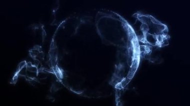 Siyah soyut arkaplanda akan parçacıklardan parlayan dinamik dalga biçimi enerji küresi. Uzayda dijital gelecekçi plazma küresi. Bilim kurgu fantezi sihirli daire ekran koruyucu. 4k 60fps döngülü grafik.