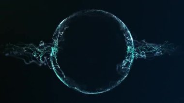 Uzayda soyut mavi enerji küresi. Koyu fütüristik arka planda parlak bir dijital küre. 4k 60fps döngülü grafik.
