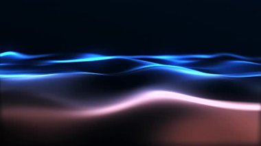 Artan turuncu mavi akışkan enerji parçacıkları koyu minimalist arka planda dalgalanır. Parlak fantezi sıvı konsepti. 4k 60 fps döngülü grafik.