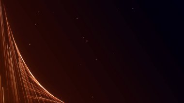 Soyut turuncu neon ışıldayan çizgiler koyu renk eğimli arkaplanda parlak parçacıklar ile yukarı doğru akar. Gelecekçi boş alan koruyucusu