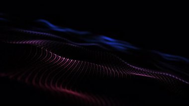 Siyah minimalist arka planda mavi ve koyu renk enerji parçacıkları dalgalanıyor. Parlak, parlak, parlak, sıvı bir fantezi. 4k 60 fps döngülü grafik.