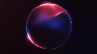 Koyu fütüristik arka planda renkli, minimalist, yumuşak, mavi, neon renkli bir küre. Lüks sıvı, parlak paçalı enerji küresi. Sihirli sıvı modern çember. 4k 60fps döngülü grafik.