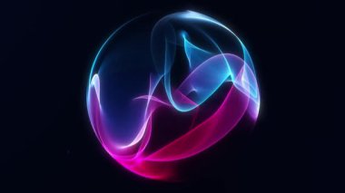Pembe ve mavi eğimli enerji dalgalı küre ile parçacık alanı. Koyu arkaplanda parıldayan sıvı parçacık küresi. Minimalist dijital fütüristik dalga formu top koruyucu. 4k 60fps döngüye girdi.
