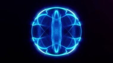 Soyut mavi enerji küresi koyu fütüristik arka planda akıyor. Dinamik parlayan sihirli dalga biçimi küre. 