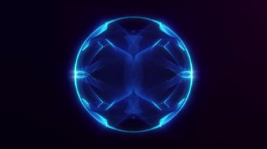 Soyut mavi enerji küresi koyu fütüristik arka planda akıyor. Dinamik parlayan sihirli dalga formu küre. 4k 60fps döngülü grafik.