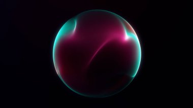 Koyu fütüristik arka planda parlayan dalga formu plazma parçacıklarından gelen çok renkli enerji küresi. İş için kırmızı yeşil sihirli küre soyut ekran koruyucu.