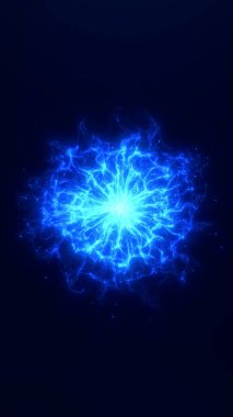 Exploding blue energy burst with glowing particles on dark background. Perfect abstract vertical illustration for power, sci-fi or space themes.