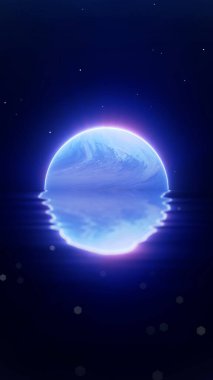 Dış uzaydaki sakin suya yansıyan sürreal ötesi parlak mavi gezegen. İdeal düşey fantezi ya da meditasyon temalı soyut çizim.