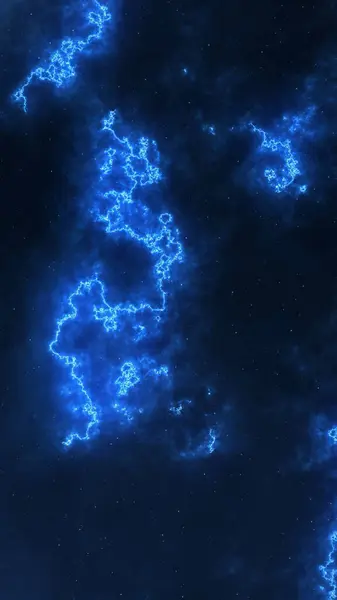 Uzayın derinliklerinde parlak mavi yıldırım nebulası olan dikey kozmik bir sahne. Bilim kurgu görselleri, müzik arkaplanları veya dijital posterler için ideal.