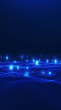 Mavi parçacıkların akış alanı dikey biçimde düzgün dijital dalgalar oluşturuyor. Teknoloji görselleri, TikTok kurguları, hareket tasarımı ve VJ döngüleri için ideal. 4K kusursuz animasyon.