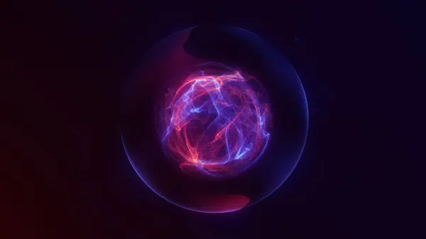 Kırmızı ve mavi plazma parçacıklarının enerjik bir küre çekirdeğini oluşturan canlı füzyonu. Yapay zeka, veri, kripto, müzik görselleştirmeleri ve gelecekteki teknolojik kavramlar için mükemmel..