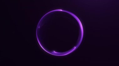 Akan parçacıkları ve dijital plazma girdabı olan parlak mor enerji çemberi. Hareket tasarımı ve teknolojik görseller için gelecekçi bilim kurgu küre döngüsü. 4K 60 fps kusursuz animasyon.
