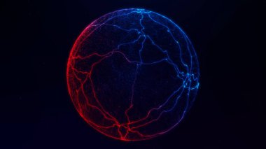 Koyu arkaplanda mavi ve kırmızı enerji damarları olan parlak neon küre. Teknolojik görseller, siber tasarım ya da yapay zekadan esinlenilmiş projeler için gelecekçi bilim kurgu küre etkisi. Yüksek teknoloji soyut sanat.