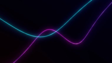 Pembe ve mavi renkte pürüzsüz neon dalga çizgileri koyu arkaplanda dinamik bir şekilde akıyor. Fütürist teknolojik görseller ve şık dijital sanat için soyut parlayan eğriler.
