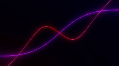 Kırmızı ve mor renkte parlayan neon dalga çizgileri koyu arkaplanda pürüzsüzce akıyor. Modern teknoloji görselleri, dijital sanat ve şık arkaplanlar için fütüristik soyut eğriler.