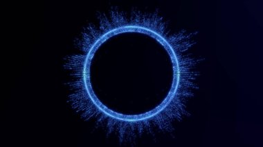 Koyu arkaplanda parlayan mavi parçacık halkası. Bilim kurgu, teknoloji, yapay zeka veya modern dijital tasarımlar için dinamik parıltılara sahip soyut enerji çemberi. Geleceği gösteren ışık ögesi.