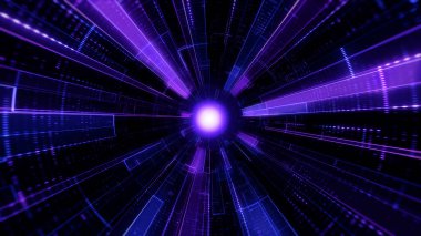 Parlak teknoloji hatlarından yapılmış fütürist mor tünel. Bilim kurgu, dijital temalar, veri akışı ya da yapay zeka kavramları için mükemmel. Derinlik ve hareket duyusuna sahip yüksek detay.