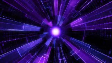 Derinlik ve hareket yaratan neon ışık çizgileri olan gelecekçi mor hiper tünel döngüsü. 4K kusursuz döngü içinde bilim kurgu projeleri, teknik tanıtımlar ve dinamik altyapılar için ideal.