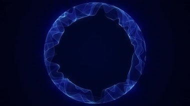 Karanlık arka planda dinamik parçacık izleriyle parlayan mavi enerji küresi. Elektrik plazma etkisiyle soyut yüzen küre. Fütürist teknoloji tarzı 4K kusursuz döngü.