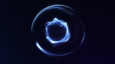 Uzayda yüzen parlak lacivert bir enerji küresi. Teknoloji temalı görseller, dijital olaylar ve fütürist medya için yüksek kalite dikişsiz 4K döngü ideali.