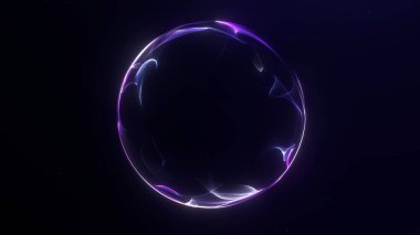 Karanlık uzayda enerji iplikçiklerinden oluşan soyut parlak mor küre. Teknoloji, yapay zeka, dijital sanat veya bilim kurgu temalı arka planlar için mükemmel..