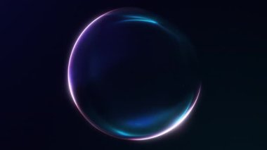 Pembe ve mavi tonlarda, koyu arkaplanda pürüzsüz soyut hareketle parlayan bir küre. Modern minimal bilim kurgu tarzıyla gelecekçi 4K döngü animasyonu.
