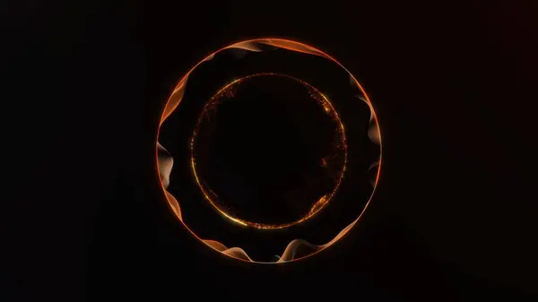 Koyu arkaplanda pürüzsüz parçacık akışına sahip altın parlayan soyut enerji çemberi küresi. Fütürist dijital tasarım çizimi.