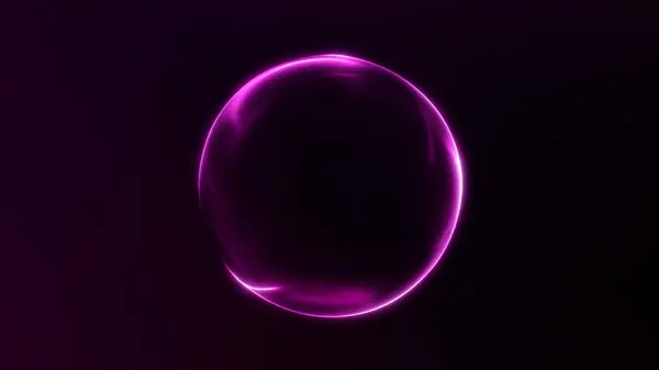 Fütürist parlak pembe neon küre. Koyu arkaplanda gradyan ışık var. Soyut ışıltılı küre tasarımı.