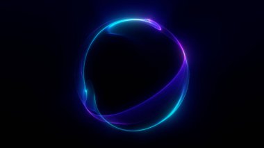 Koyu arkaplanda pürüzsüz ışık akışı olan mavi ve mor renkte parlayan gradyan küre. Dijital tasarım için gelecekçi soyut küre.