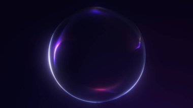 Pürüzsüz parlak yansımaları ve fütürist soyut dijital ışığı olan parlak mor neon küre..