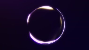 Parlak mor ve sarı gradyanlı fütüristik neon küre zarif pürüzsüz bir enerjiyle dönerek 4K 'da sürrealist soyut bir animasyon yaratır..