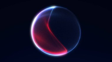 Akan ışık enerjisi ve parçacık dalga çizgileri olan parlak kırmızı ve mavi soyut parlayan küre. Koyu arkaplanda parlak bir küre.
