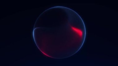 Parlak kırmızı ve mavi parlayan dijital enerji küresi. 4K döngüsünde gelecekçi soyut parçacık küre animasyonu.