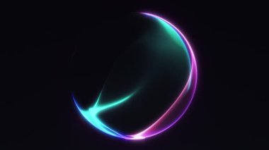 Akan parçacık enerji hatlarına sahip parlak mor ve yeşil eğimli küre. 4K içinde soyut geleceksel küre döngü animasyonu.