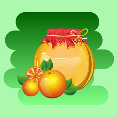 Taze portakal suyuyla cam şişenin vektör çizimi