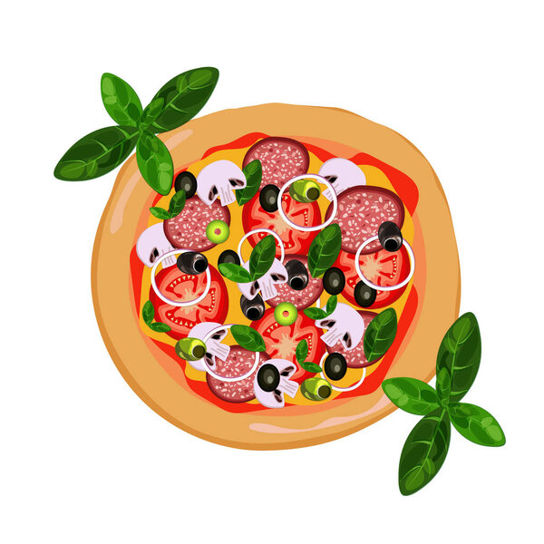 italian pizza with salami and vegetables. vector isolated on white.