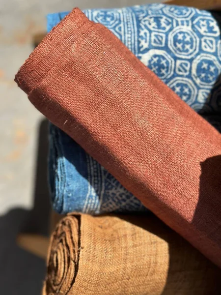Zavřít Konopné Tkaniny Role Různých Barev Textilu Stylu Rustikální Abstrakce — Stock fotografie