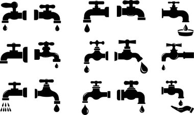 Musluk simgeleri ayarlandı. beyaz üzerinde izole edilmiş web tasarımı için su musluğu vektör simgesi düz biçimi