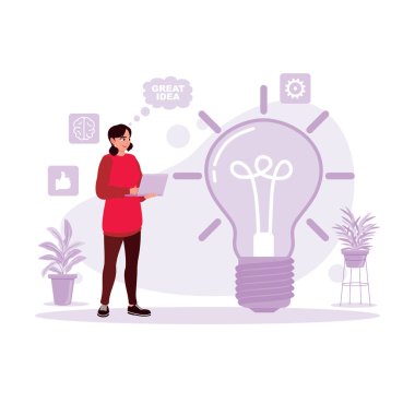 Tableti ve elektrikli lambası olan yaratıcı ve parlak fikirlerle dolu bir kadının yan görüntüsü. Modern vektör düz resimleme eğilimi.