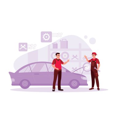 Tamirci müşterinin arabasını tamir eder ve garajdaki müşteriye arabanın bozulmasını açıklar. Modern vektör düz resimleme eğilimi.