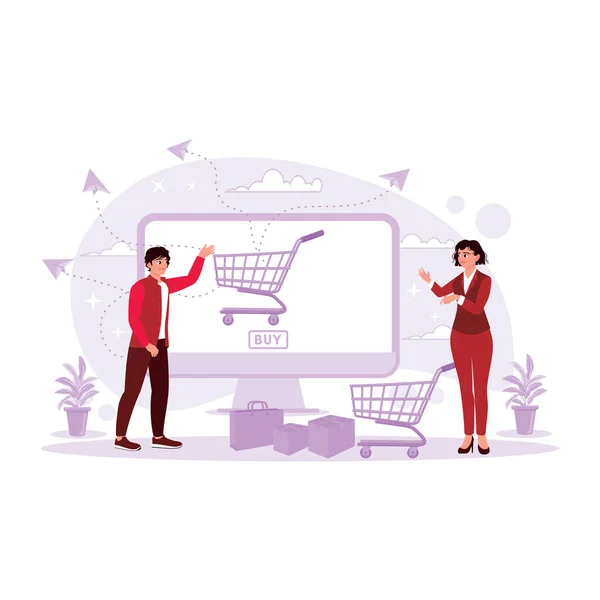 Paketleri, el arabaları ve alışveriş çantaları olan genç kadınlar ve erkekler. Online alışveriş ve teslimat konsepti. Modern vektör düz resimleme eğilimi.