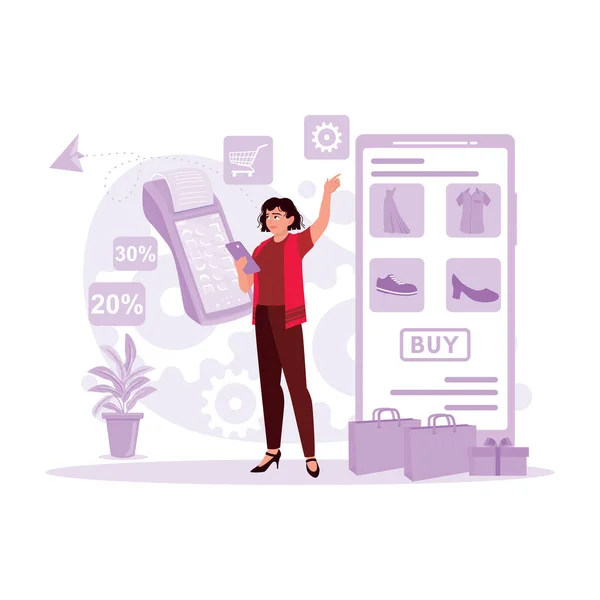 Genç bir kız bir akıllı telefon açıyor ve online mağazaya giriyor, ayakkabı, çanta ve kıyafet seçip alıyor. Modern vektör düz resimleme eğilimi.