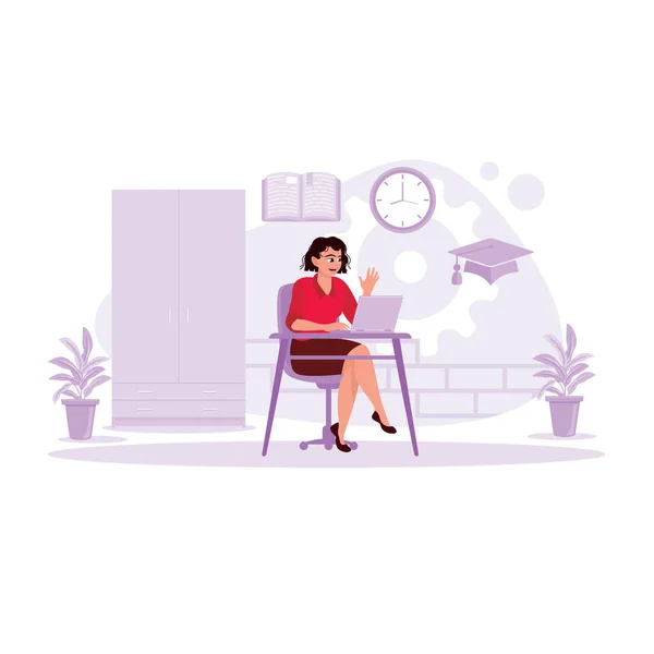 Smart Girl Sitting Studying Using Laptop Toga Hat Wall Clock — Stock Vector