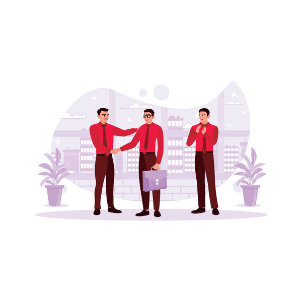Two businessmen are shaking hands after applauding business deals and employees. Trend Modern vector flat illustration.