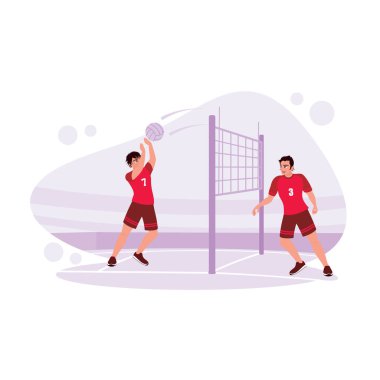 Profesyonel voleybol oyuncuları ciddi oynar, topu atar, hücum eder ve sayı yapar. Modern vektör düz resimleme eğilimi.
