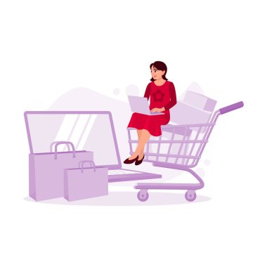 Dizüstü bilgisayarı ve alışveriş çantasıyla tramvayda oturan bir kadının portresi. İnternetten alışveriş konsepti. Modern vektör düz resimleme eğilimi.