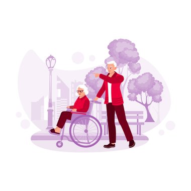 Yaşlı çift parktaydı, ve koca mutlu bir şekilde karısını tekerlekli sandalyede otururken itti. Modern vektör düz resimleme eğilimi.