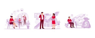 Çağrı merkezinde dost canlısı genç bir bayan işçi. İki işçi ofiste iş konuşuyorlar. Genç işadamı dizüstü bilgisayarın önünde çalışmakla meşgul. Modern vektör düz resimleme eğilimi.