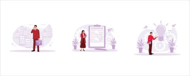 Genç bir adam uzun bir binada elinde çantasıyla dikiliyor ve telefonla konuşuyor. Gözlüklü bir kadın not yazıyor. Kravatlı bir adam evrak taşıyor ve dahice bir fikir düşünüyor. İş, iş ve beceri kavramı. Modern vektör düz resimleme eğilimi